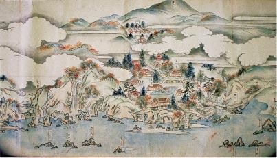 海の周りの家々と、島の上に名前が書かれている絵の作品