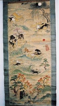 柳の木の下に倒れている人、白装束で茣蓙のようなものをかぶせられている人、草むらに倒れこんでいる人などが描かれた地獄の絵の写真