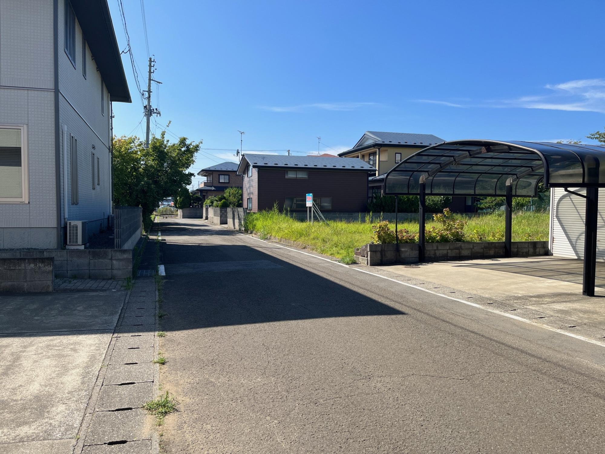 向かって右側に土地が広がっており、草が生い茂っている。