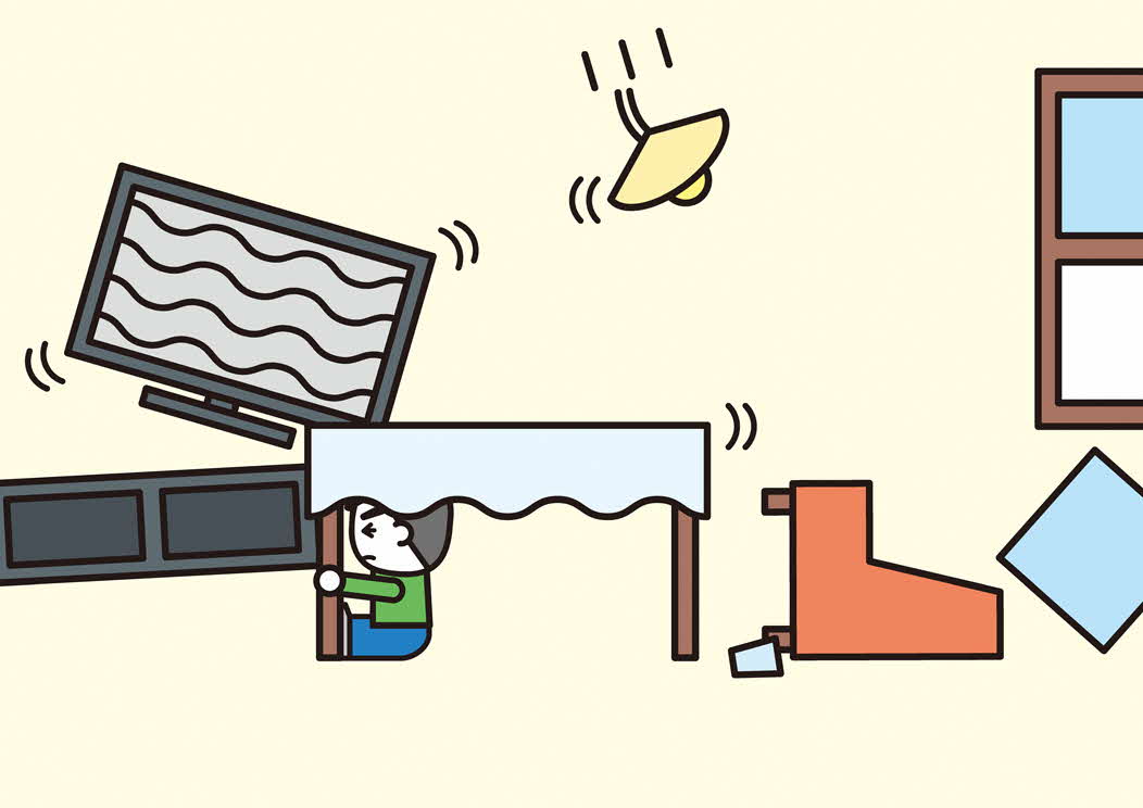 地震が発生し、テーブルの下に避難している男の子のイラスト