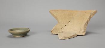 左：まるい小皿、右：薄い黄色がかった白の土器の欠片の写真