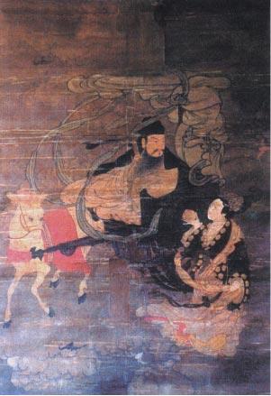 着物を着た男性と女性、馬の絵が描かれている作品