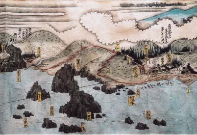 男鹿半島の山々と海岸、海の中に点在する岩場が描かれた地図の写真