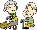 シルバーカーを支えに立っている女性高齢者と杖をついて椅子に座っている男性高齢者が話をしているイラスト