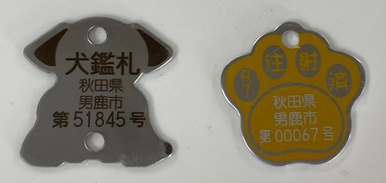 左：犬の形をした犬の鑑札の写真、右：犬の足型をした注射済票の写真