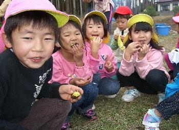 子供たちがさつまいもを食べている写真